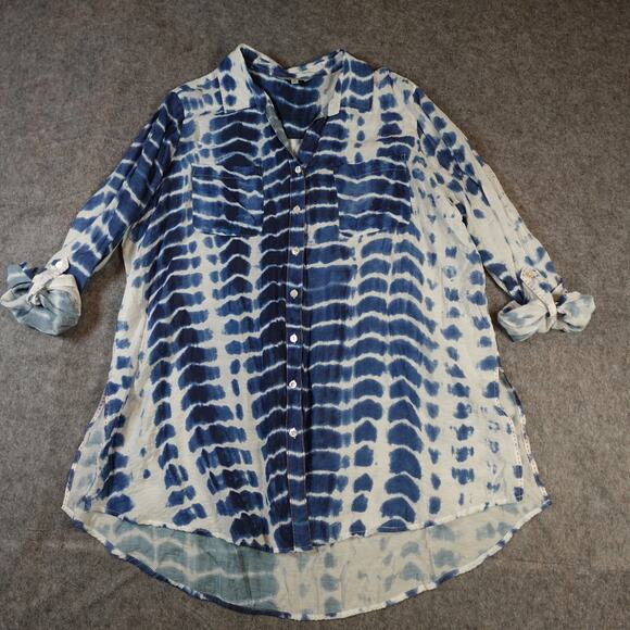 John Mark Top Womens 2X Button Front Artsy Tie Dye Navy Blue Tunic Roll Tab Slv - Picture 1 of 9